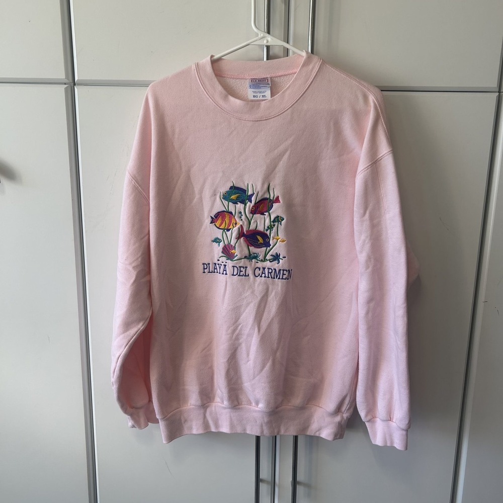 Vintage Le Best Playa Del Carmen Pink Embroidered Fish Sweatshirt XL Heavyweight